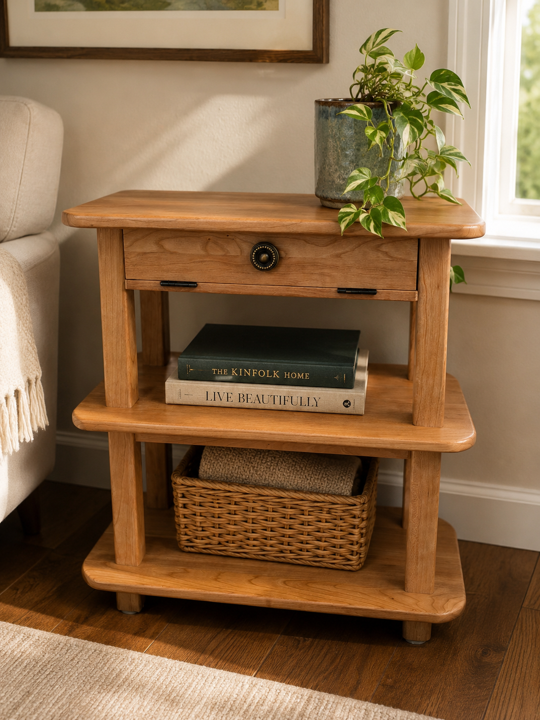 Table d'appoint en bois massif avec tiroir et tablettes